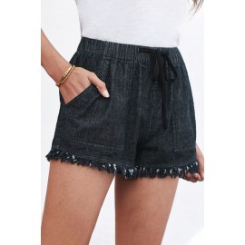 Black Casual Pocketed Frayed Denim Shorts